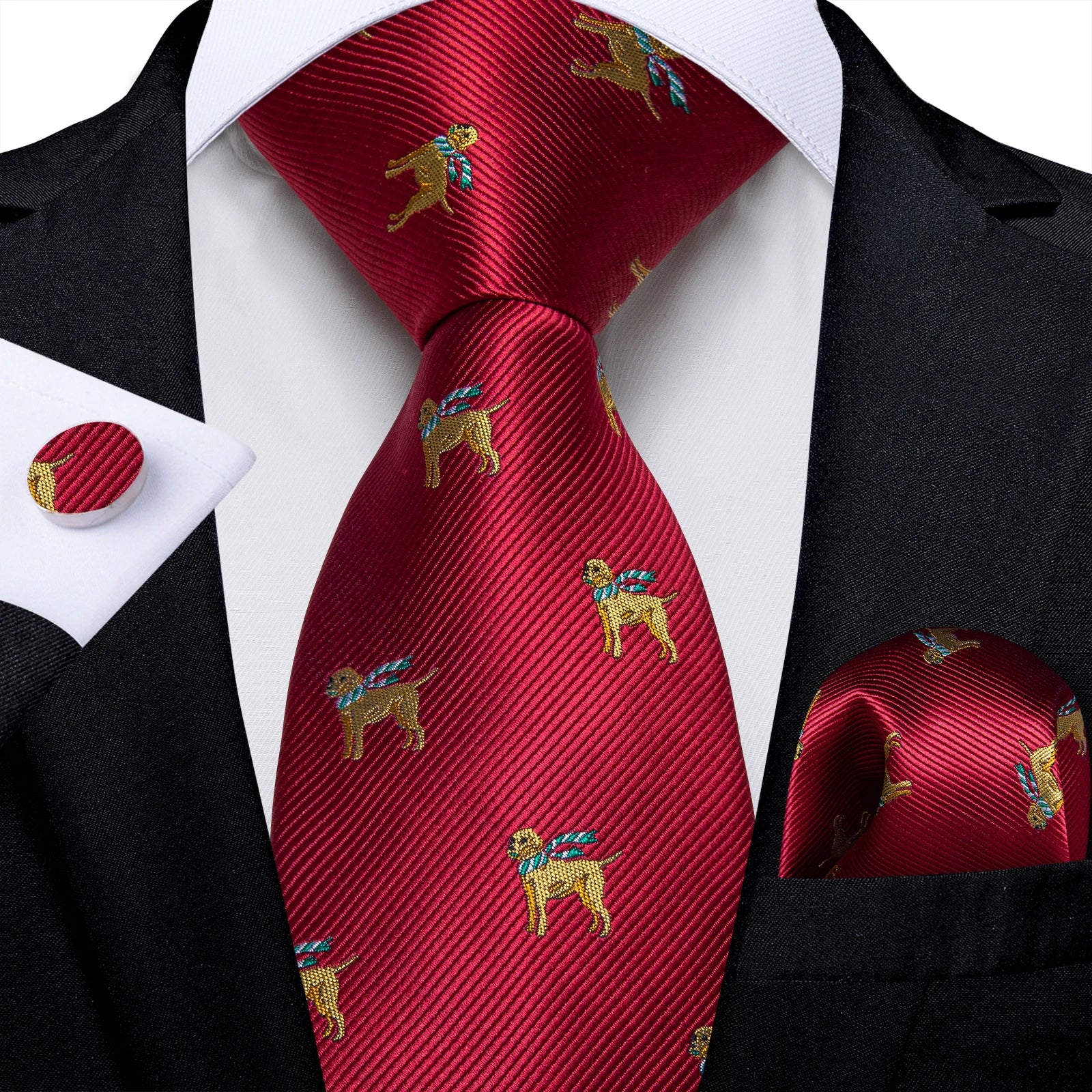 Red  Solid Striped Paisley Neckties Hanky Cufflinks Set For Men