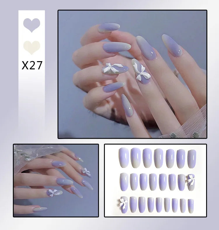 24Pcs French With Drill Short Fake Nails Press On Nail Tips