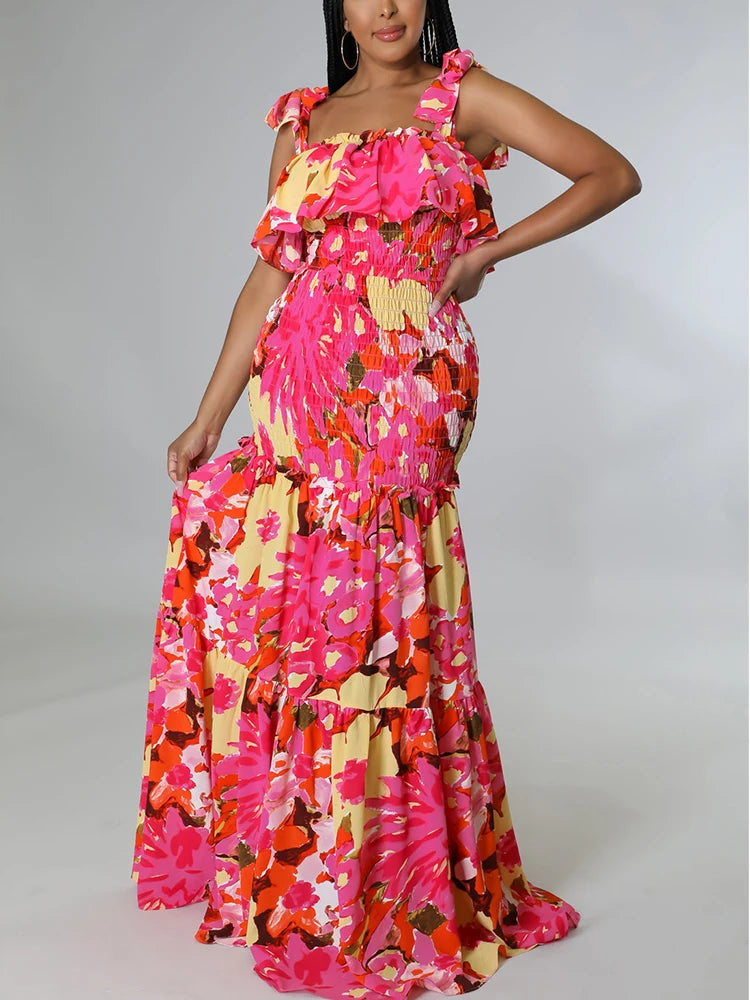 Spaghetti Strap Frilled Floral Printed Maxi Dress