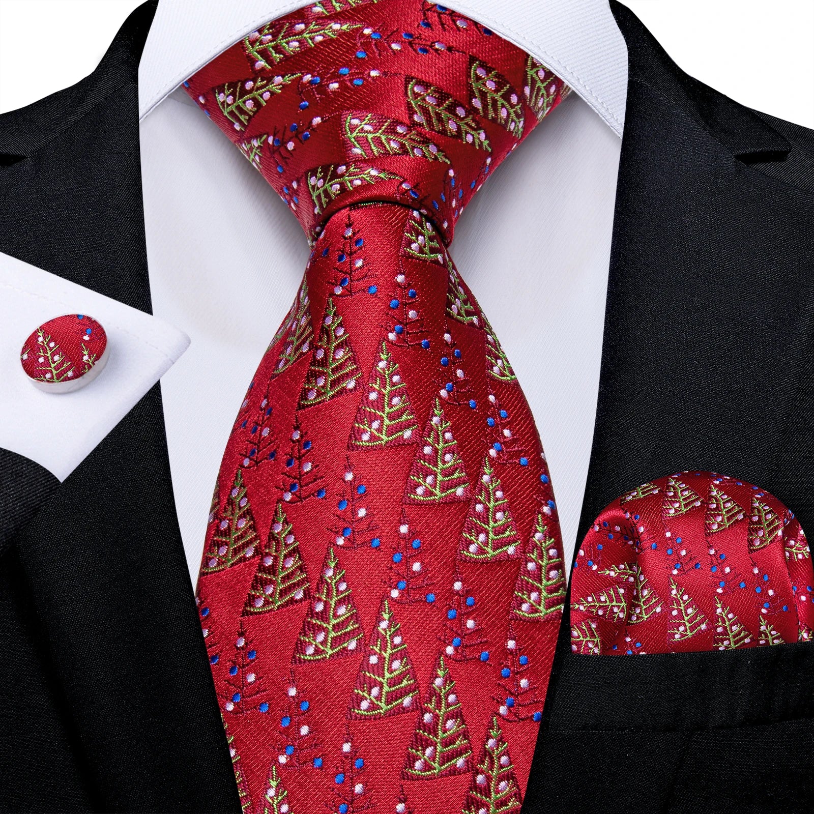 Red  Solid Striped Paisley Neckties Hanky Cufflinks Set For Men