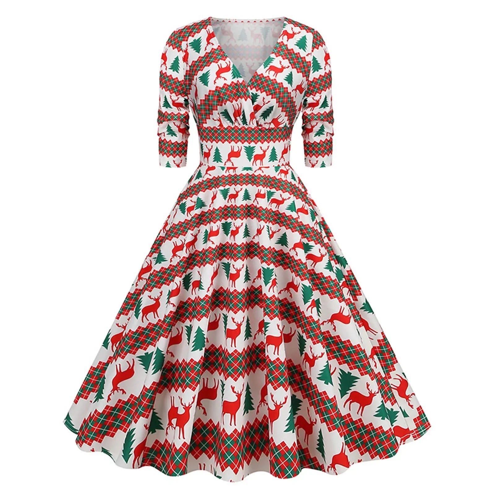 2024 Christmas Deer and Tree Print Christmas Party V-Neck High Waist 50s Vintage Swing Dresses