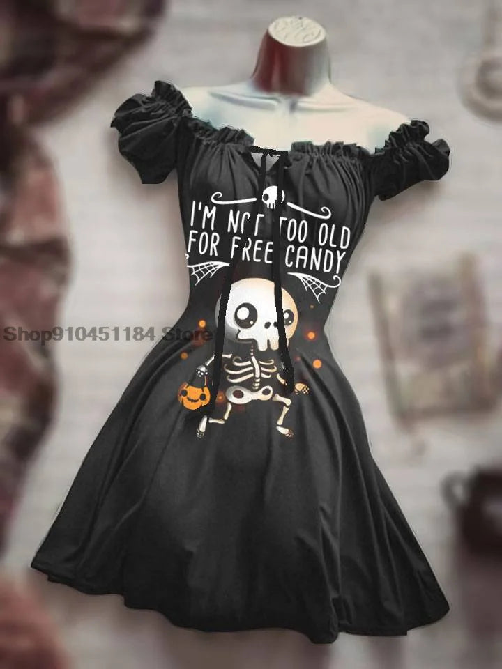 Summer New Drawstring 3D Printing Personalized Halloween Fluffy Sleeves Dress