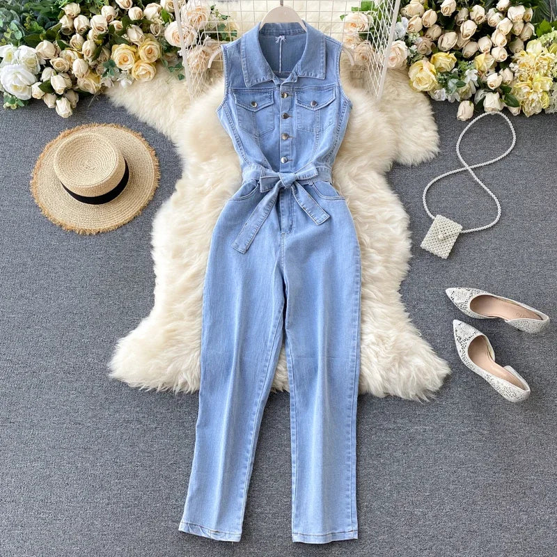 Denim Sashes  Pockets Single Breasted Turn-down Collar Sleeveless Jumpsuits