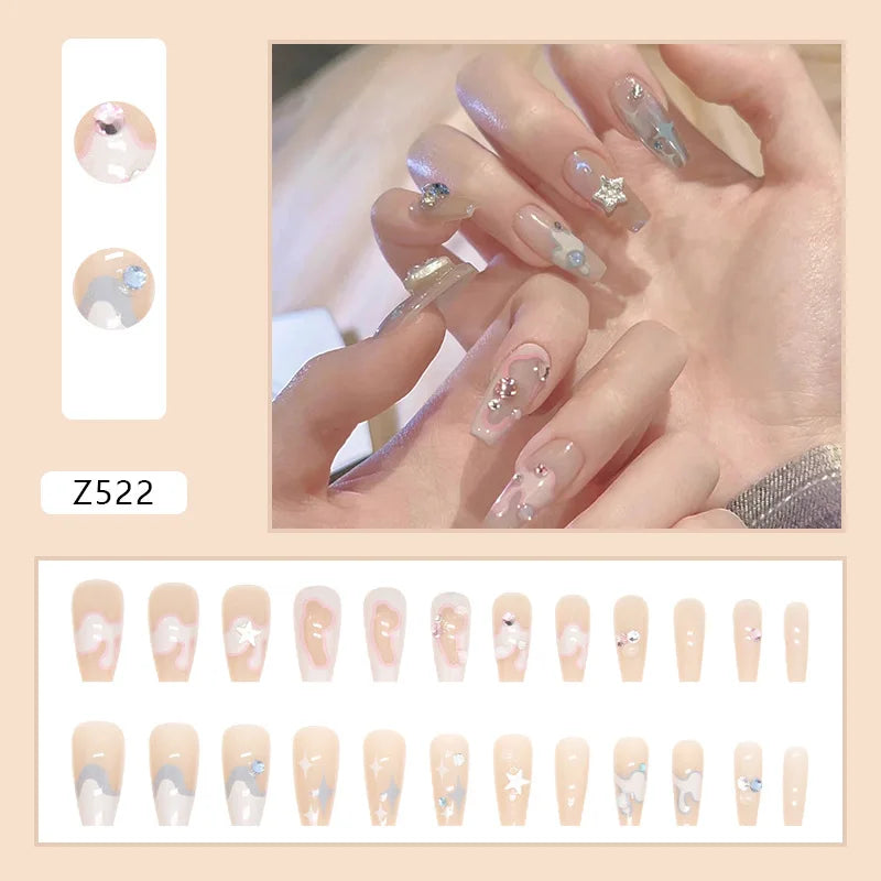 24pcs Artifical Nails Fake Wearable Nail Tips With Small Diamonds