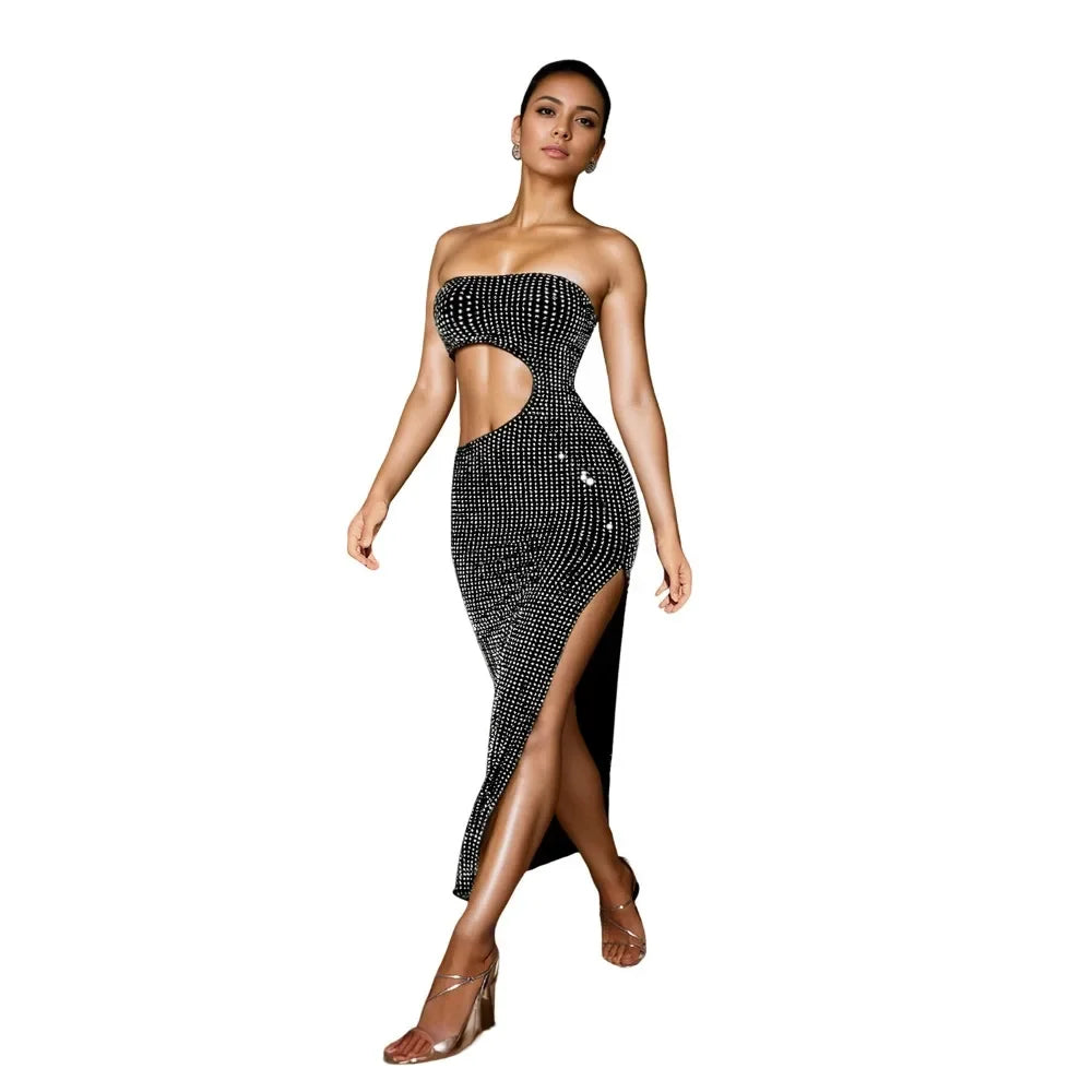 Fashion Luxury Rhinestones Hollow Out Off Shoulder Backless Bodycon Slit Evening Party Dress