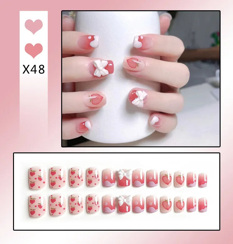 24Pcs French With Drill Short Fake Nails Press On Nail Tips