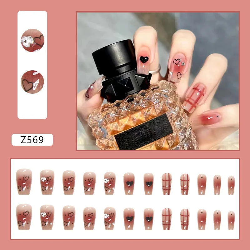 24pcs Artifical Nails Fake Wearable Nail Tips With Small Diamonds