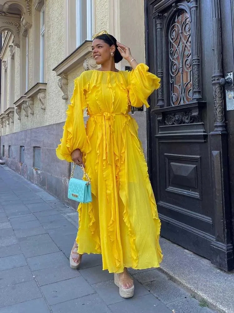 Autumn Long SleeveSexy Beautiful Yellow  Lace-up Chic Elegant Tiered Maxi Dress