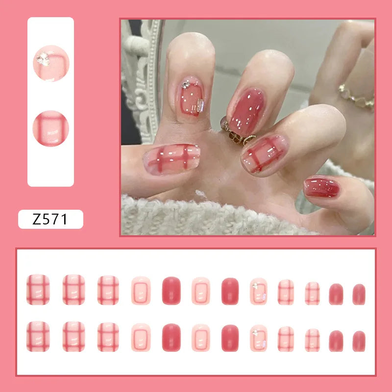 24pcs Artifical Nails Fake Wearable Nail Tips With Small Diamonds