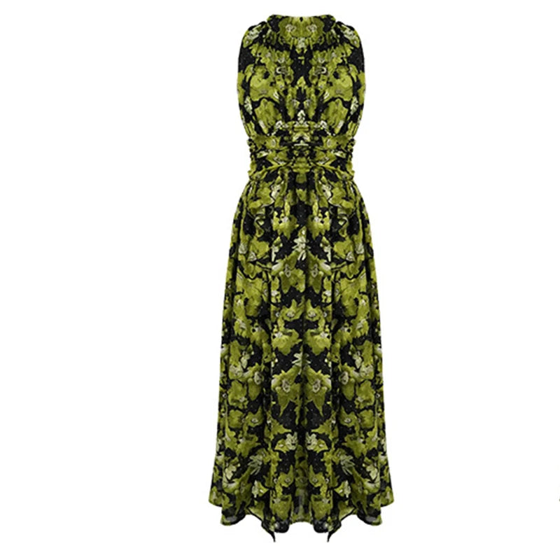 Beach Resort Style Green Flowers Print Chiffon Lace Up Bandage Waist Dress