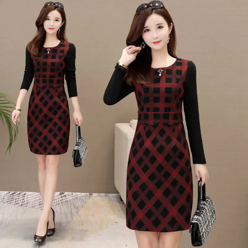 Spring and Autumn Round Neck Long Sleeve Panel Plaid Pockets Slim Midi Dress