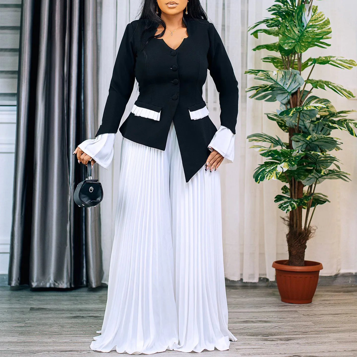 Full Flare Sleeve Button Blazer Shirt + Pleated Long Pants Suit