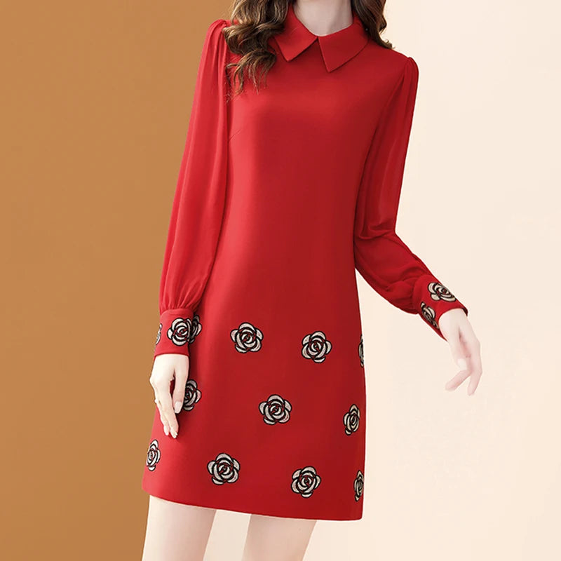 Elegant Floral Embroidery Polo Collar Chiffon A-line Dresses