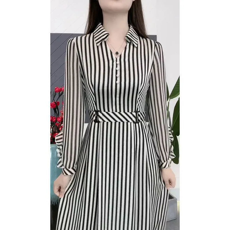 Fashion V-Neck Printed Button Loose Belt Korean Striped Midi Dress