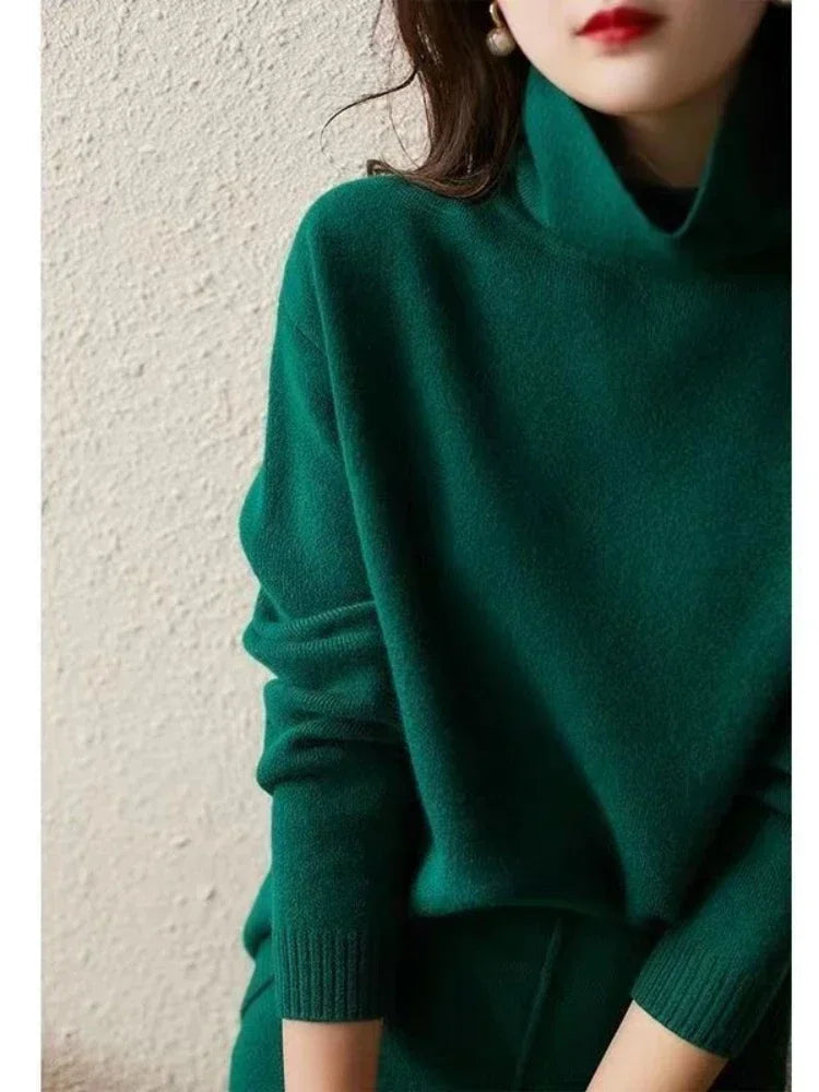 Autumn High Neck Knit Loose Sweater Skirt Sets