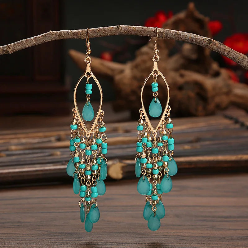 Bohemian Ethnic Long Blue Acrylic Crystal Water Drop Earrings