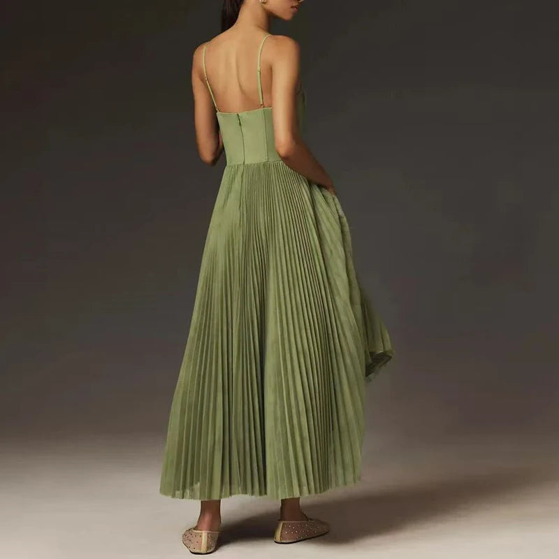 New Spring Summer Solid Pleated Strapless Hollow A-Line Long Dress