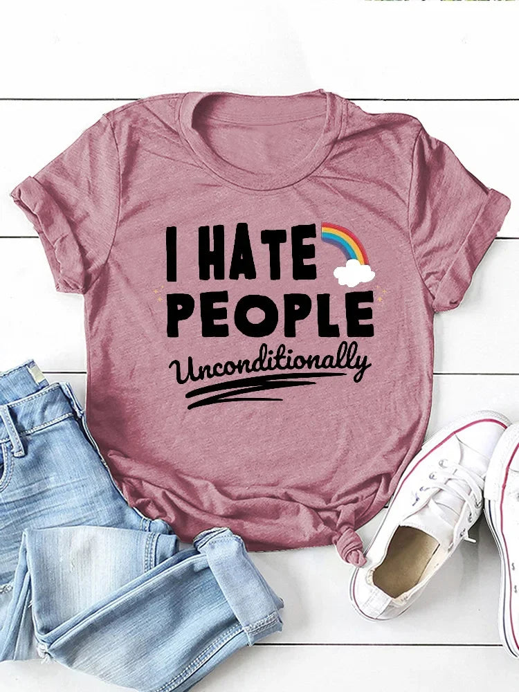 I Hate People Rainbow Print Women  Short Sleeve O Neck T Shirt