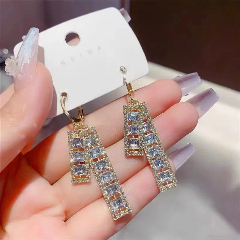 Shiny Zircon Square Hoop Gold Color Stainless Steel Earrings