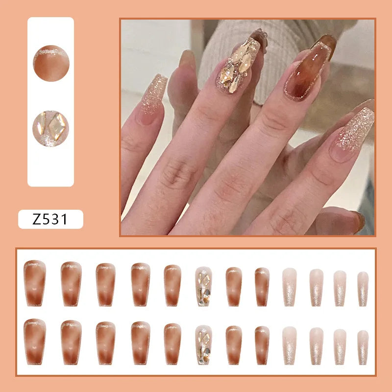 24pcs Artifical Nails Fake Wearable Nail Tips With Small Diamonds