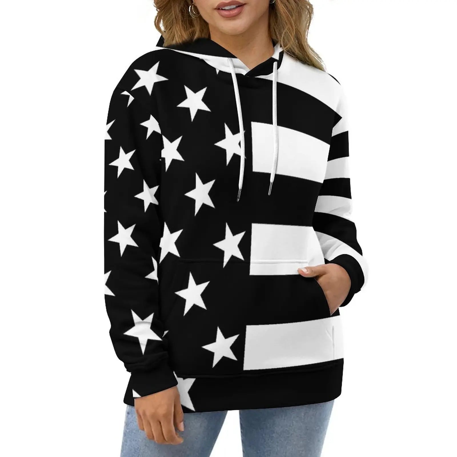 American Flag Hoodies White Stars Print Classic