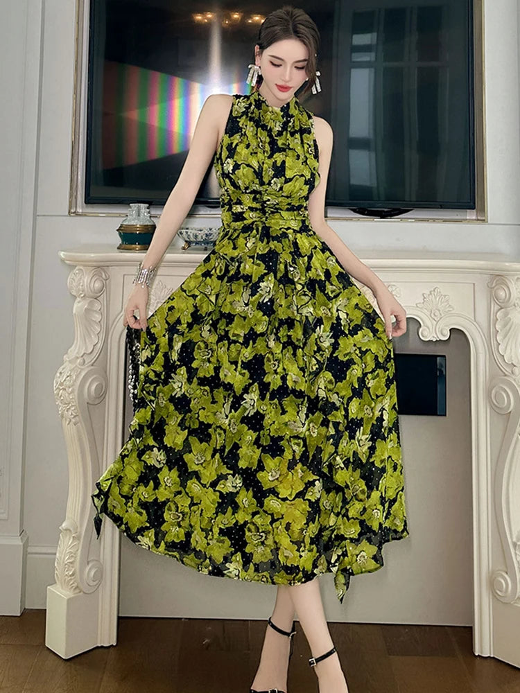 Beach Resort Style Green Flowers Print Chiffon Lace Up Bandage Waist Dress