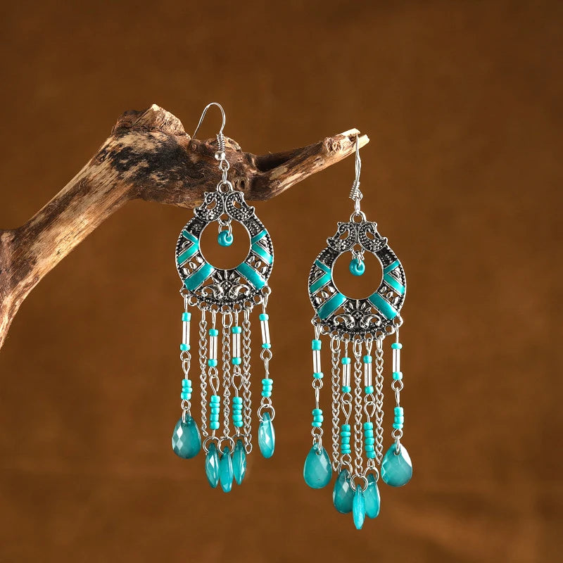 Bohemian Ethnic Long Blue Acrylic Crystal Water Drop Earrings