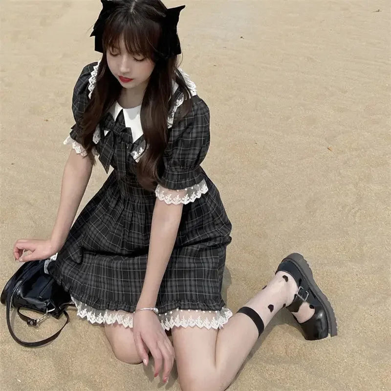 Mini Black  Puff Sleeve Lolita Girlish Preppy Bow Summer Dress