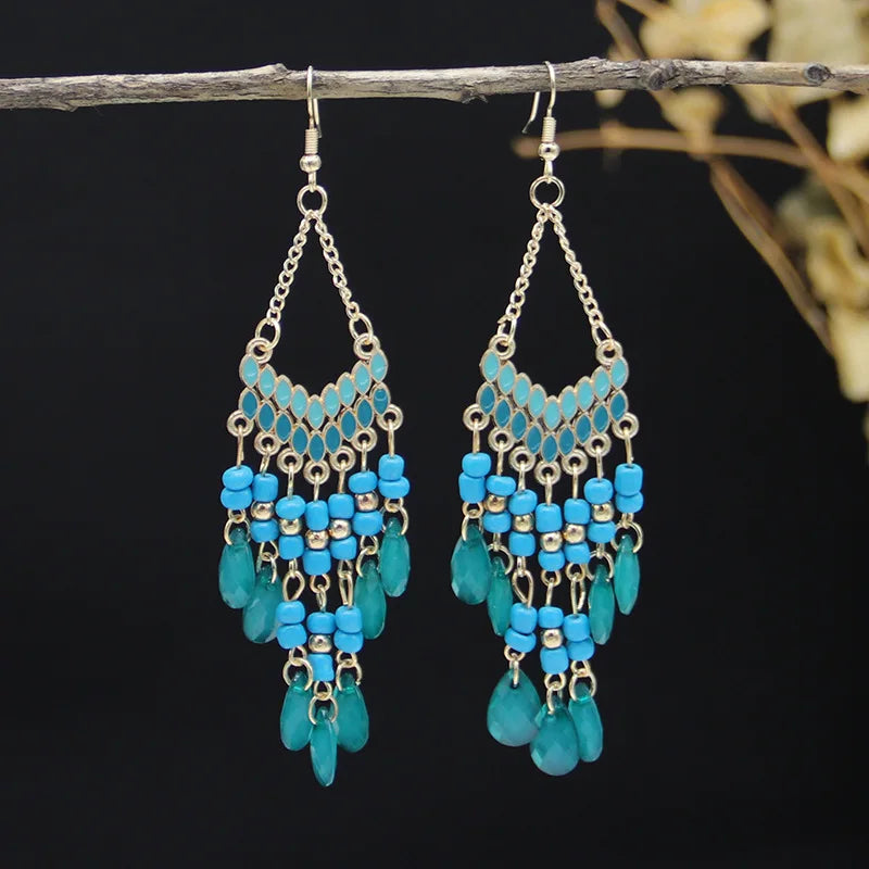 Bohemian Ethnic Long Blue Acrylic Crystal Water Drop Earrings