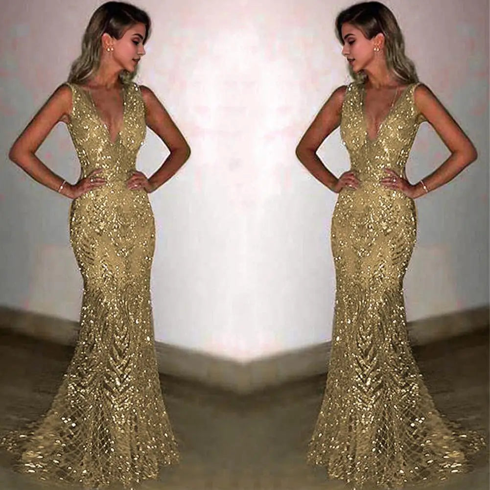 V-neck Long Elegant Sequin Fishtail Evening Gown