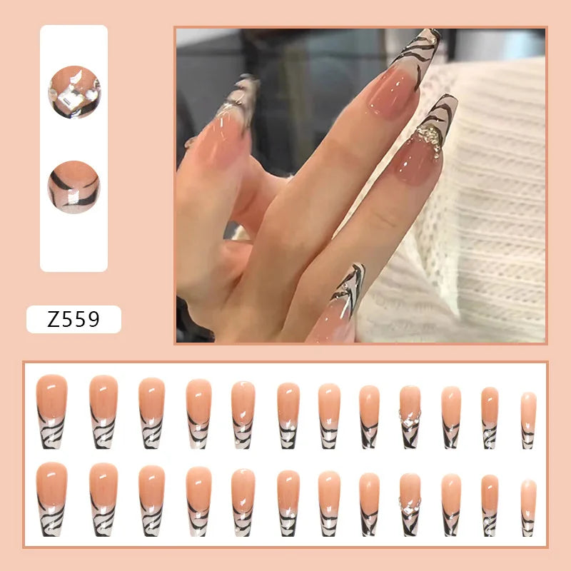 24pcs Artifical Nails Fake Wearable Nail Tips With Small Diamonds