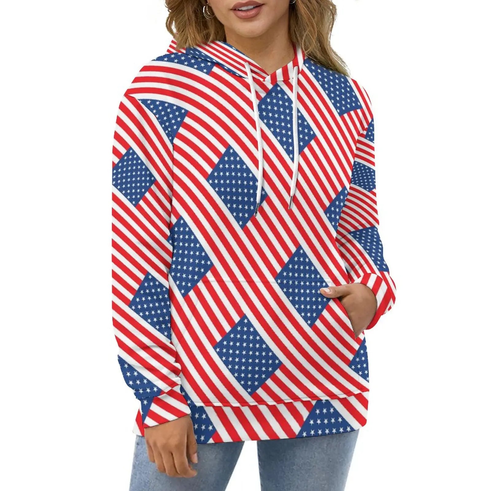 American Flag Hoodies White Stars Print Classic