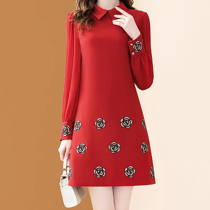 Elegant Floral Embroidery Polo Collar Chiffon A-line Dresses