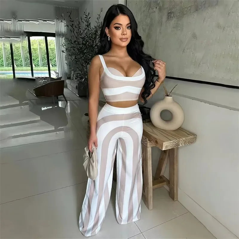 Striped Print  Crop Top and Wide Leg Pants 2 Piece Set