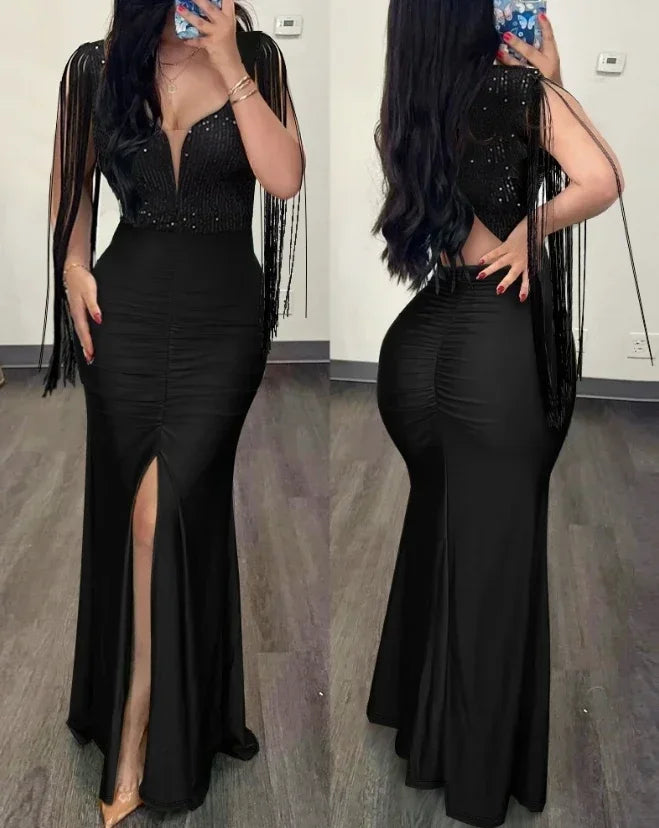 Fashion Rhinestone Cold Shoulder Slit Ruched Party Elegant Long Bodycon Dress