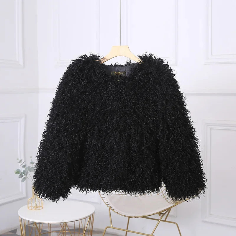 Women's Winter 2025 Fashion Luxury Cropped Faux Fur Coat