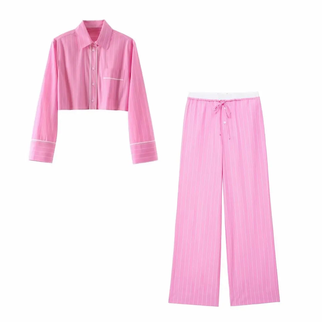 Fashion Pink Stripe Lapel Pocket Button Shirt+High Waist Loose Drawstring Wide Leg Pants Traf