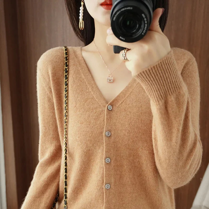 Spring Autumn  Single Breasted V-neck Solid Knitted Cardigans Sweater