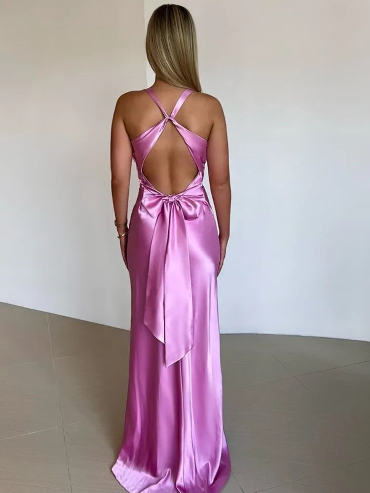 Elegant Sleeveless Satin Bodycon Deep V Backless Evening Dress