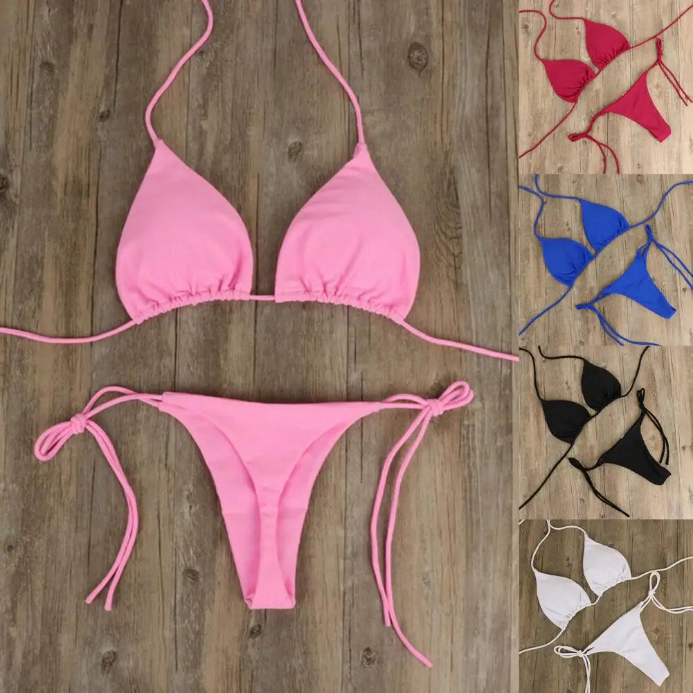 2Pcs/Set Solid Color Halter Neck Strap Thong  Swimsuit Set for Beach