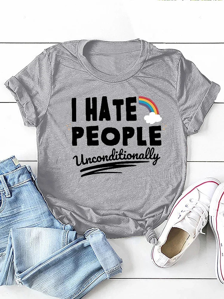 I Hate People Rainbow Print Women  Short Sleeve O Neck T Shirt