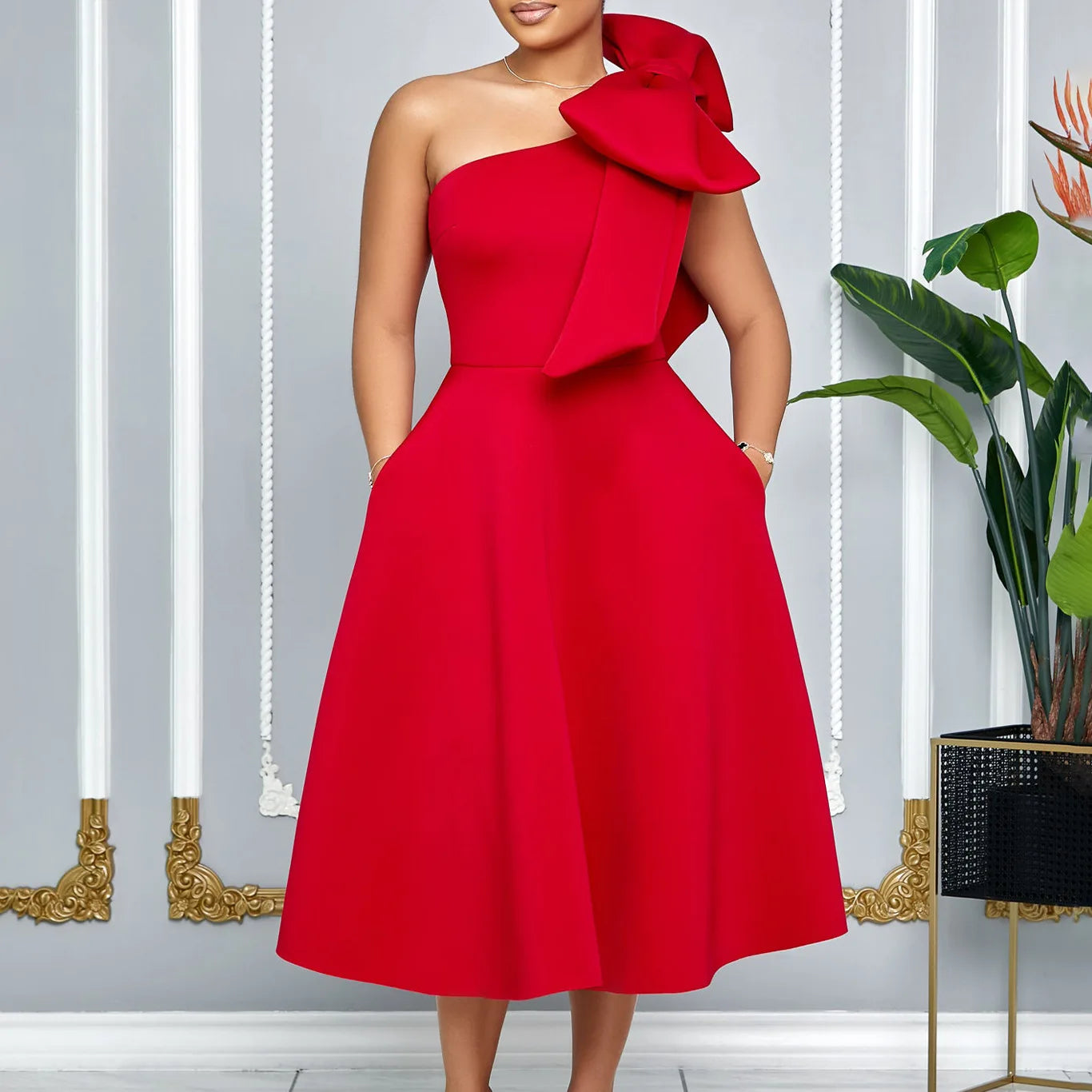 One Shoulder Bow A Line Pleated Dresses