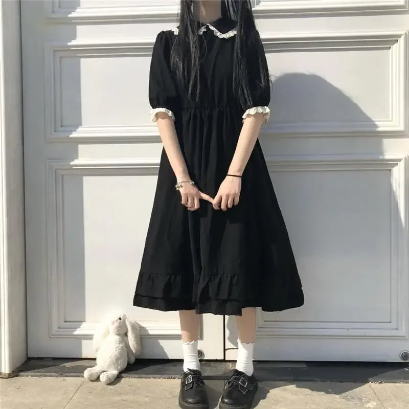 Mini Black  Puff Sleeve Lolita Girlish Preppy Bow Summer Dress