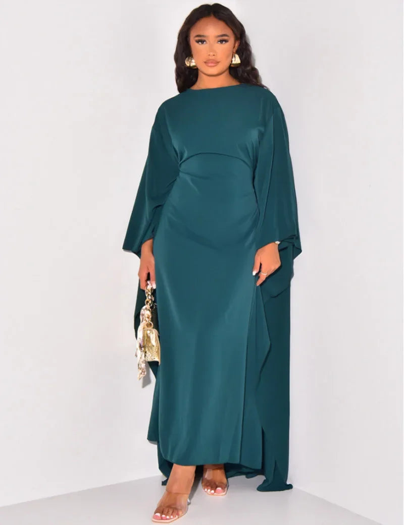 Autumn Fashion Satin Elegant Solid Round Neck Bat Sleeves Loose Maxi Dress