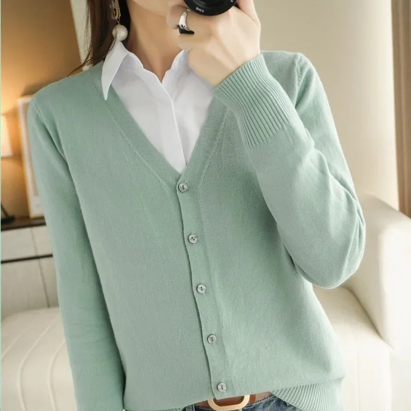 Spring Autumn  Single Breasted V-neck Solid Knitted Cardigans Sweater