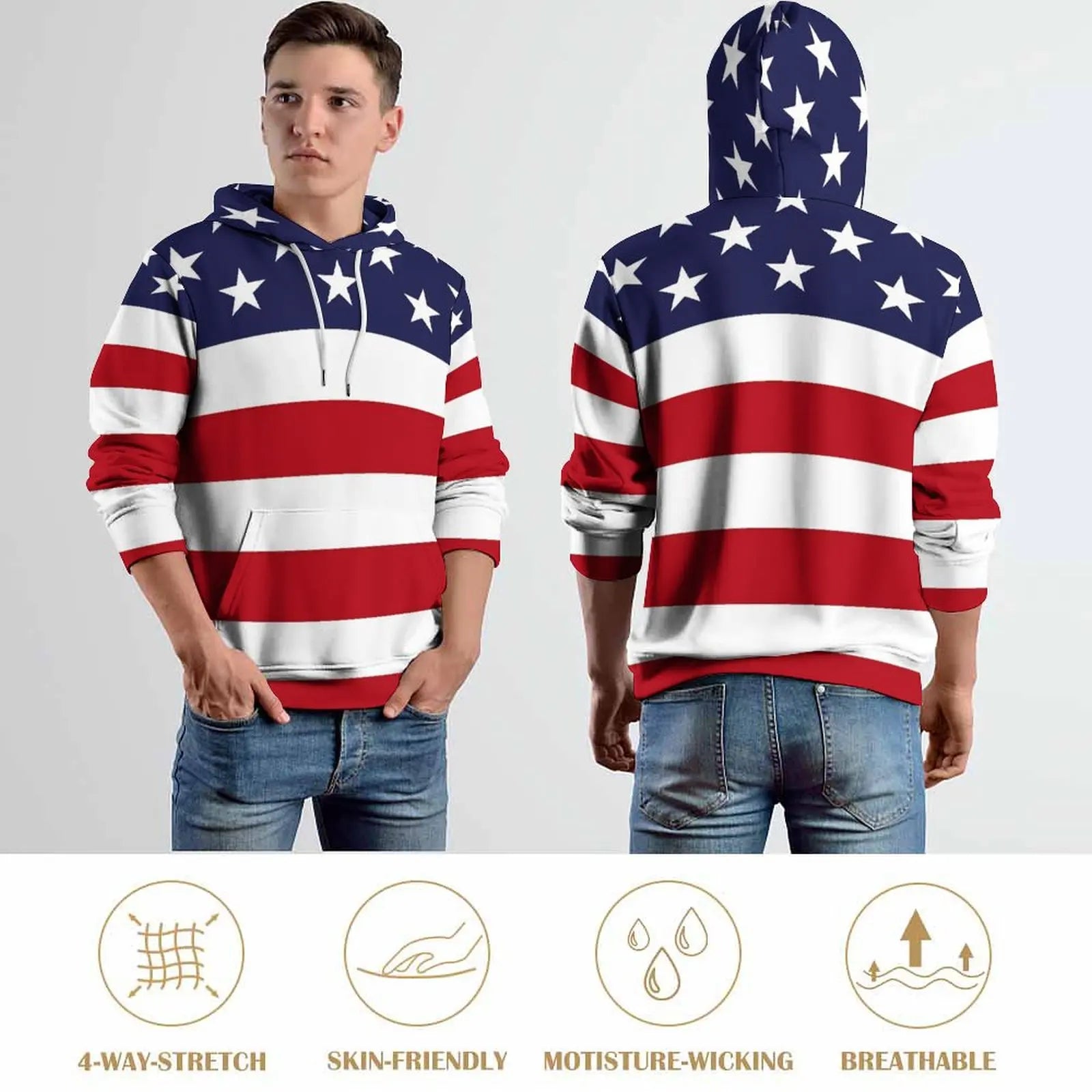 American Flag Hoodies White Stars Print Classic