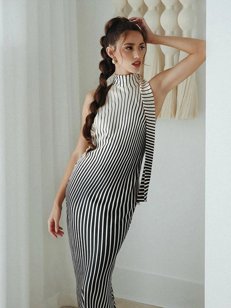 Elegant Striped Sexy Slim Fit Backless Dress