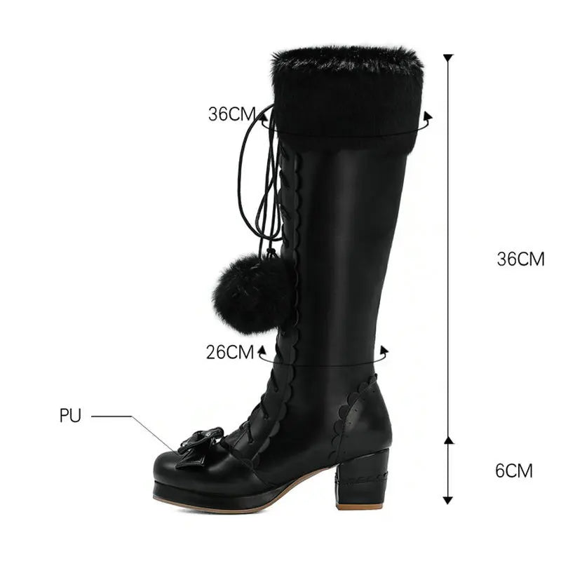 Winter Warm Fur Neck Girls Cosplay Lace Up Bowtie Chunky Heel Side Zipper Boot