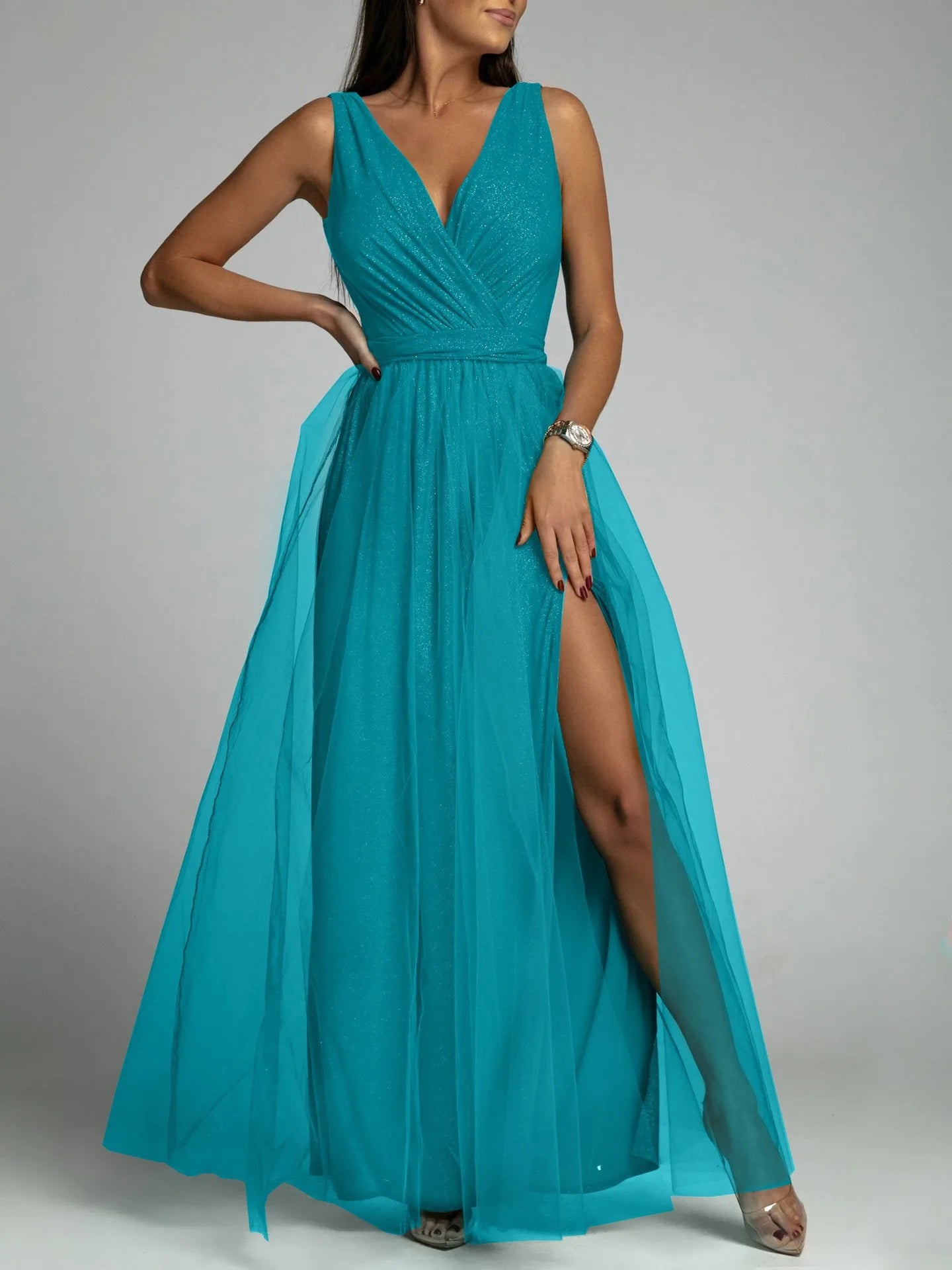 Elegant Solid Color Fine Sparkle V-neck Lace-up Mesh Slit Long Dress