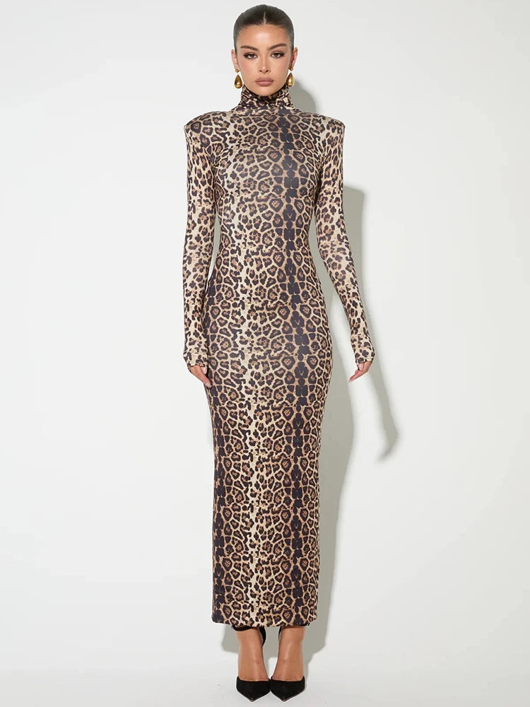 Autumn Winter Fashion Elegant Turtleneck Leopard Print Long Sleeve Sexy Maxi Dress